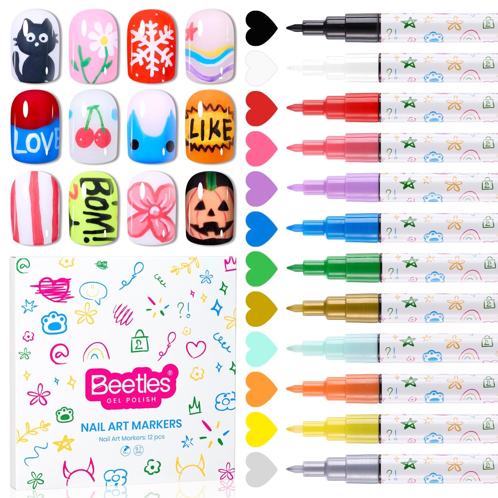 12 Colors Nail Art Pens – 0.7MM Quick Drying Acrylic Paint Markers for DIY Nail
