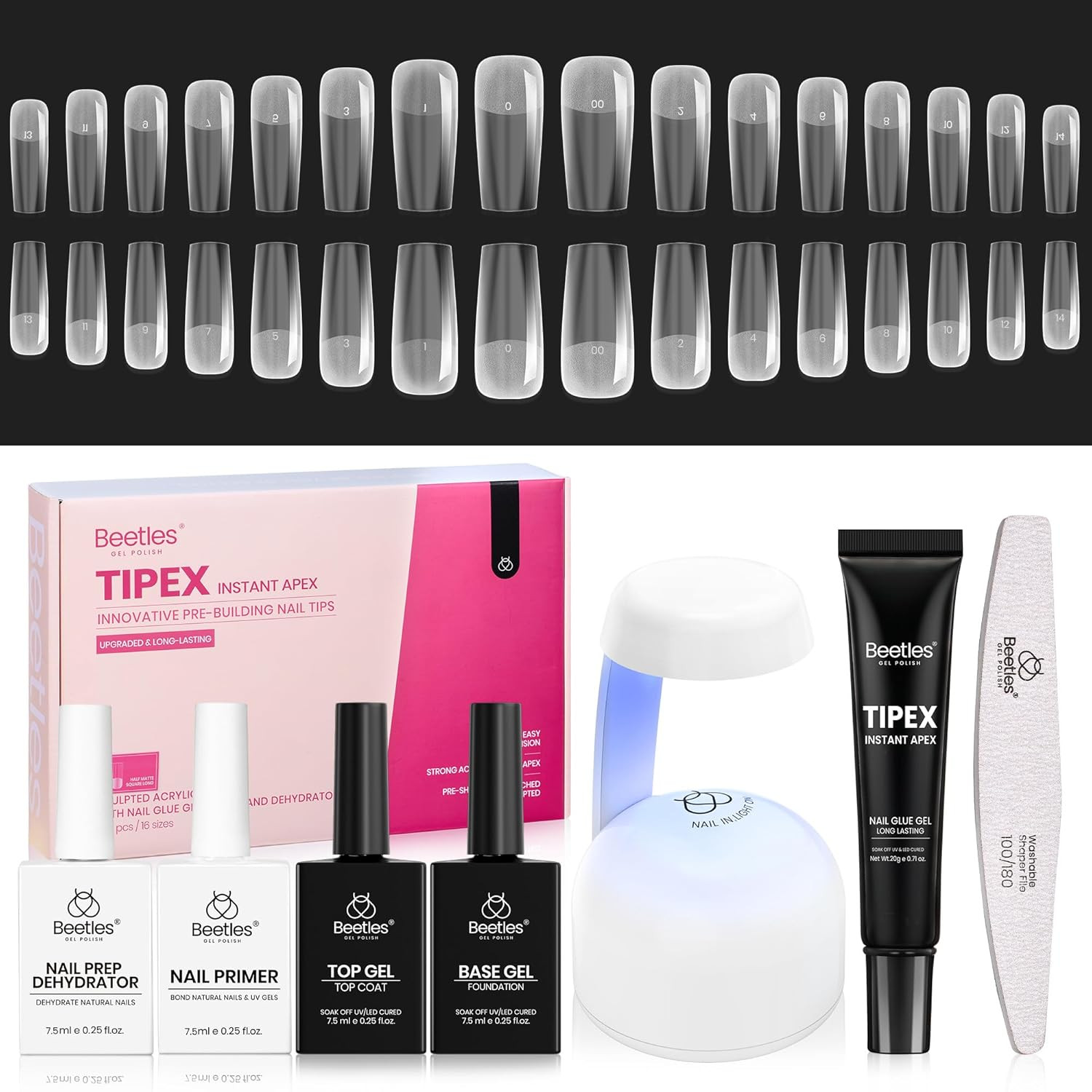 Beetles Tipex Instant Apex Nail Tips Kit with Dehydrator & Primer, Long Square,
