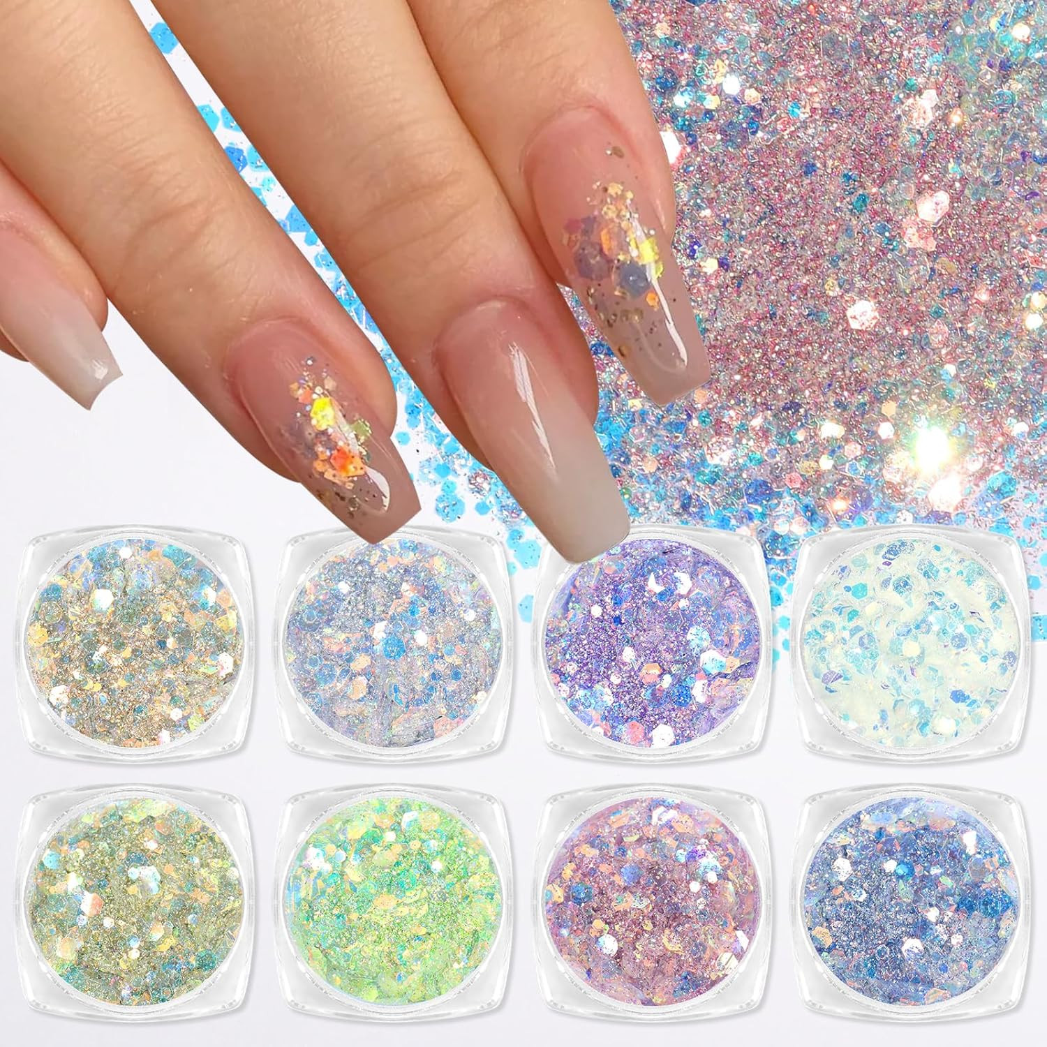 8 Colors Nail Art Glitter Diamond Dust Iridescent Nail Powder Chunky Glitter Con