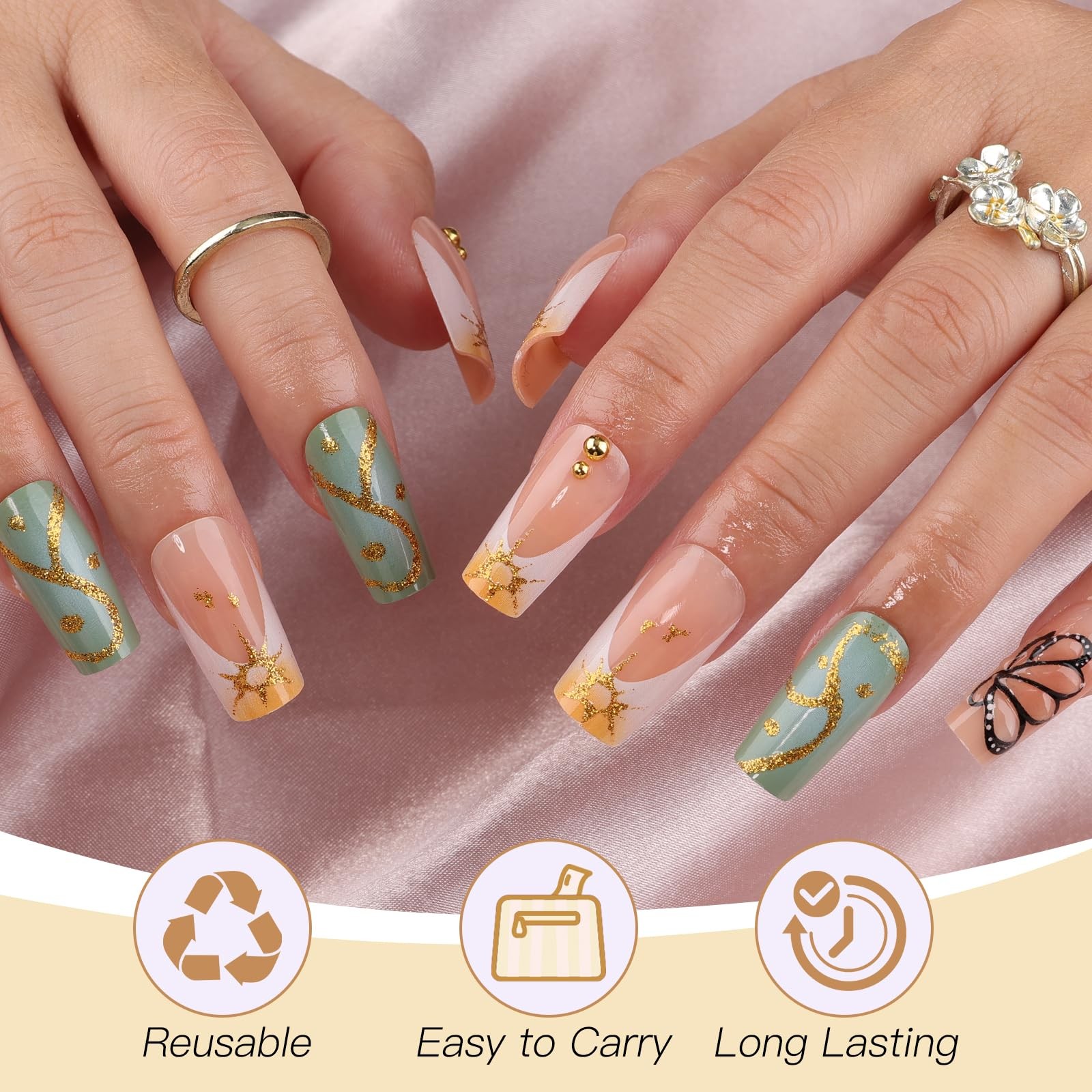 Handmade Press on Nails with Designs, 24PCS Medium Square Fake Nails 3D Butte…