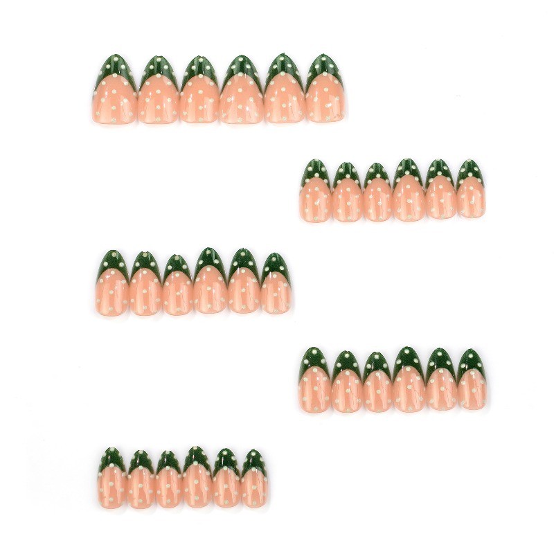 60Pcs Almond Press on Nails, Dark Green French White Dots Nude Daily Fake Nails