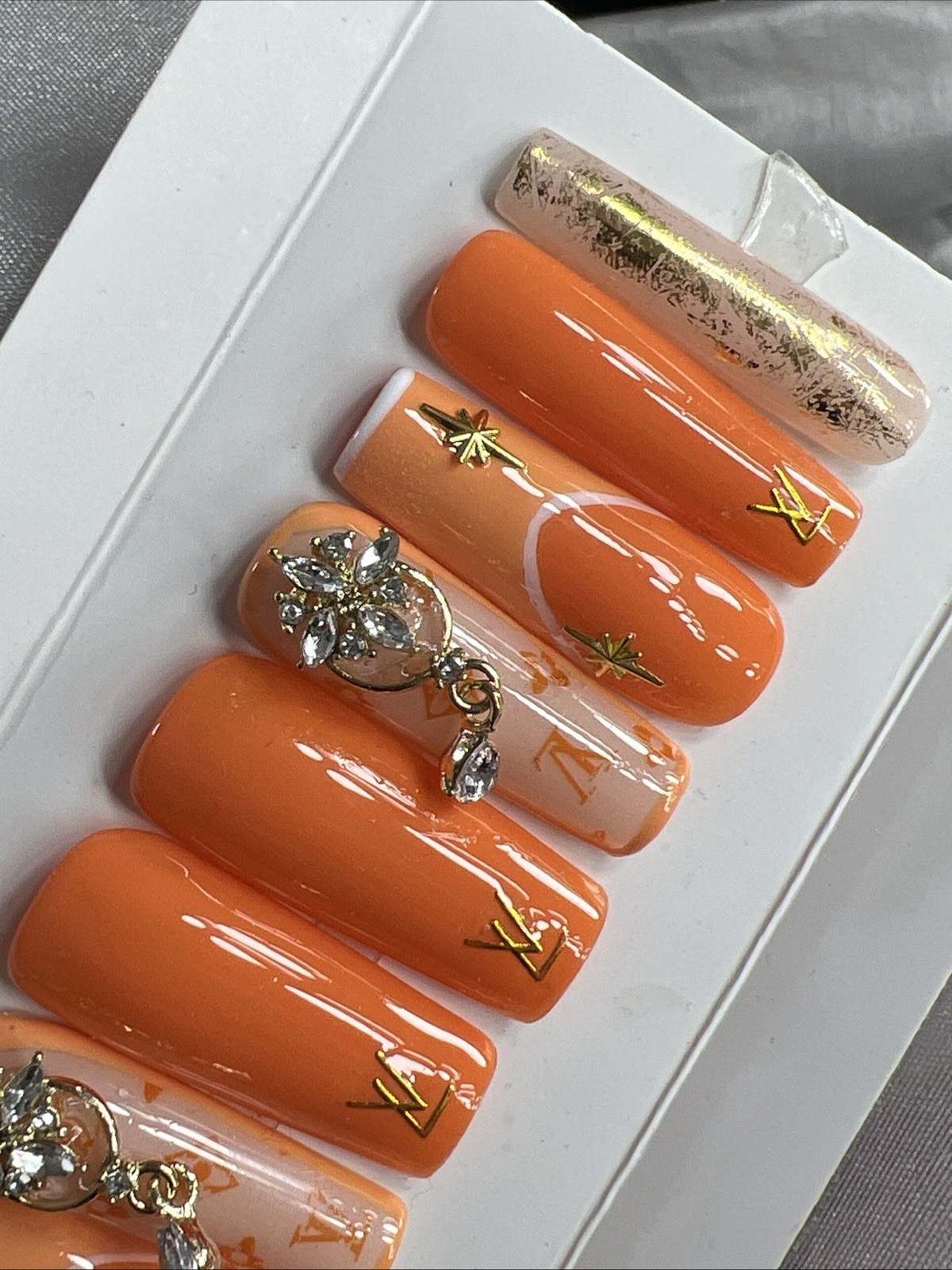 💎 CUSTOM Hard Gel Press On Nails, Orange NUDE , 10p FULL SET W Kit LONG SQUARE
