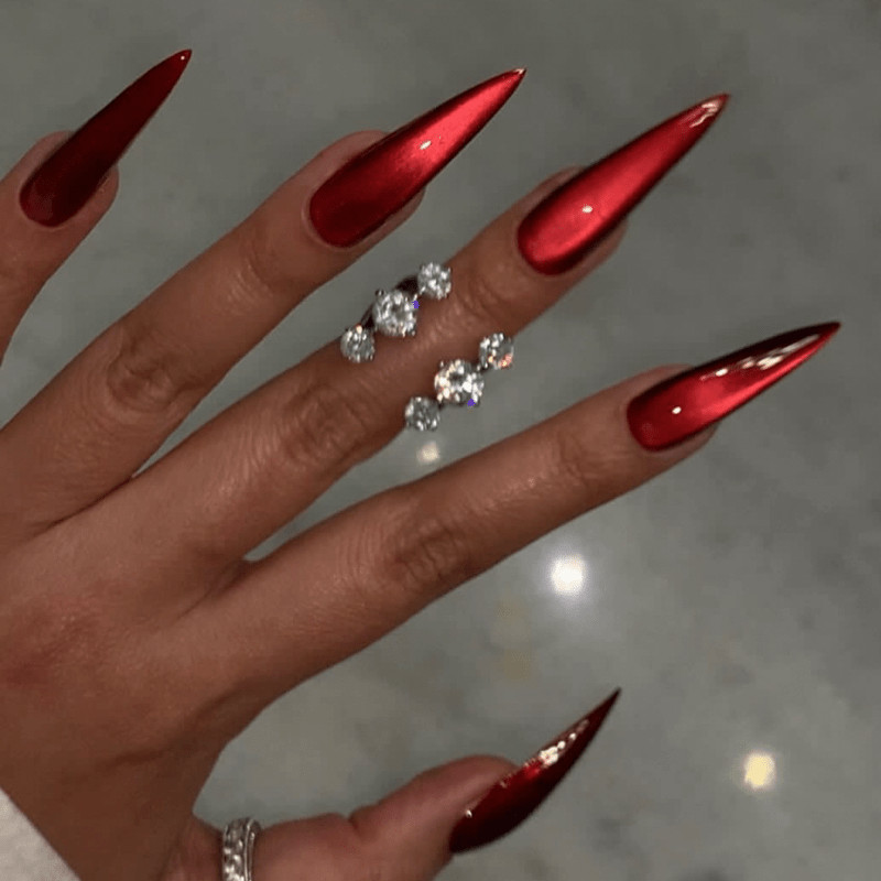 48 Pcs Red Metallic Press on Nails, Stiletto Glossy Shiny Fake Nails for Women