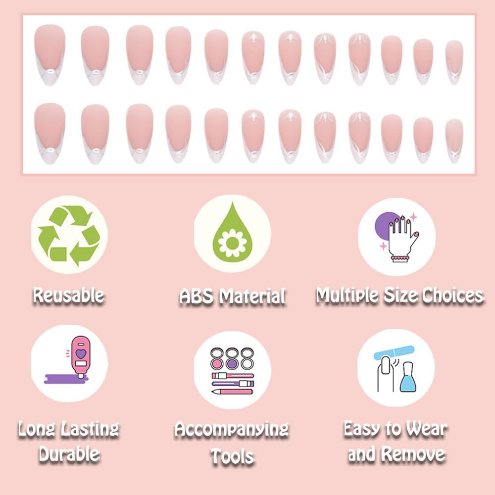 French Tip Press on Nails Almond White Short Medium Fake Nails Gel fake on Na…