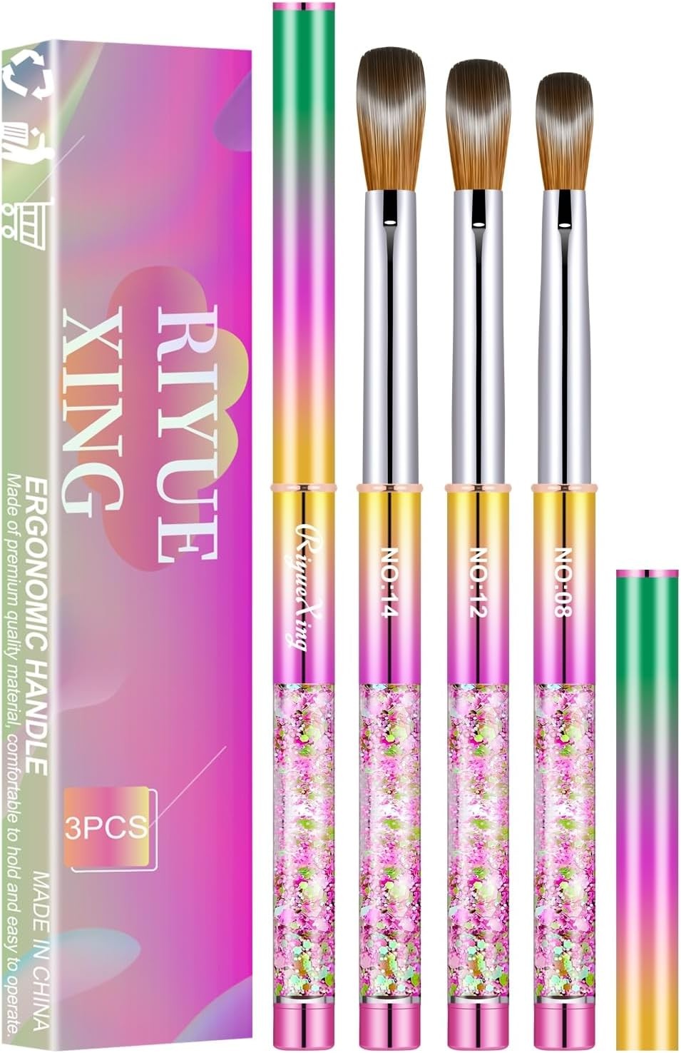 Acrylic Nail Brush Set, Size 6/10/14. Koliy Hair, Oval Crimped Pred