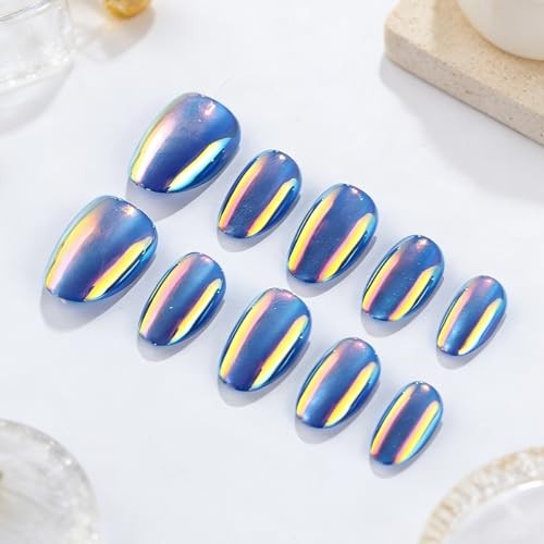 Aurora Blue Metallic Fake Nails – Oval False Short Style-21 – Metallic Finish