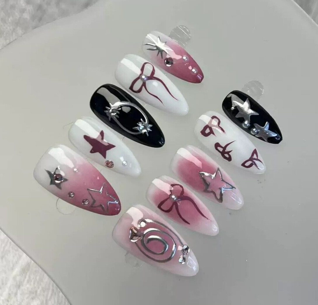 10pcs Handmade White-Pink Butterfly Press On Nail, Medium Almond Shape, Size SML