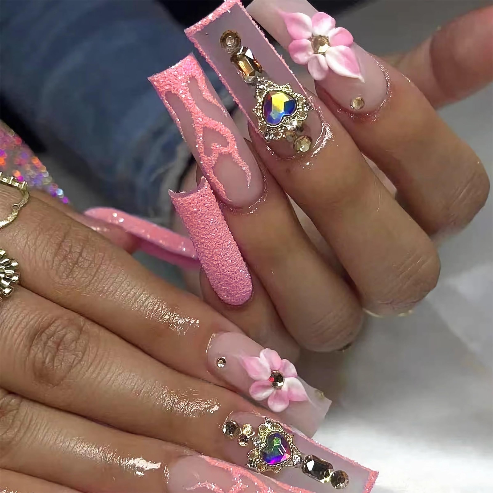 Press on Nails Long Square Fake nails Pink Glitter Glue on with heart Charm L…