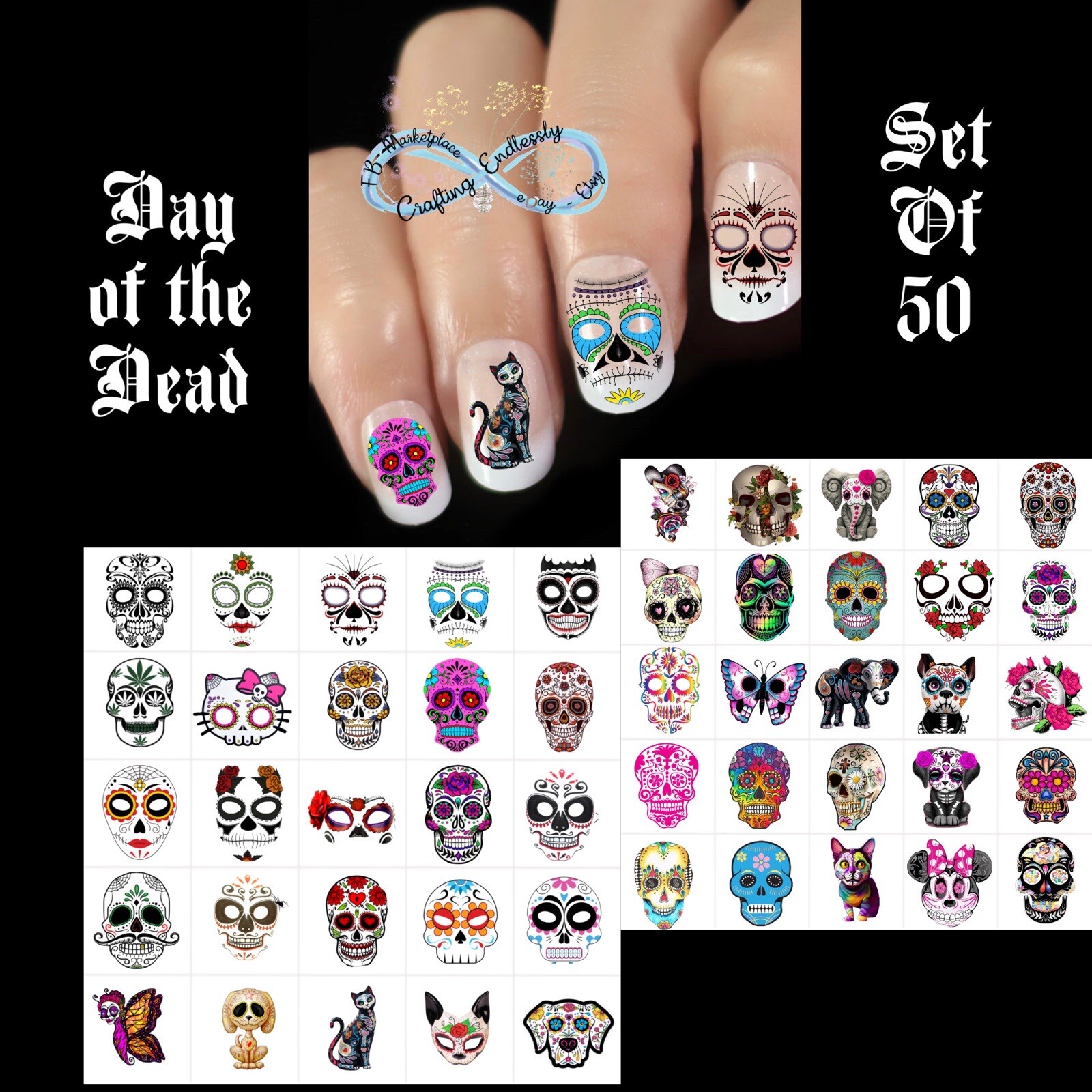 Day Of The Dead Sugar Skull Waterslide Nail Decals Set Of 50 Bonus Instructions