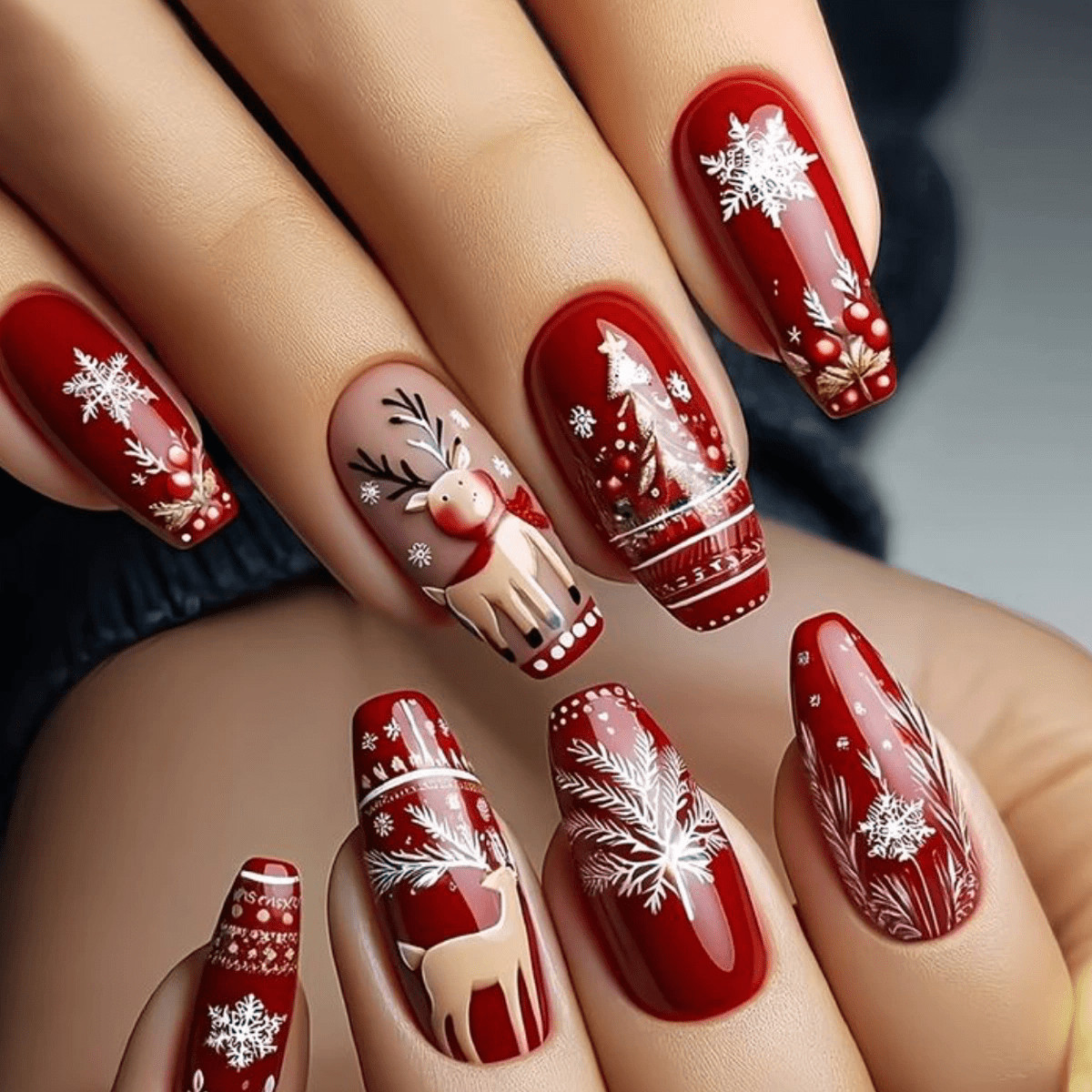 96pcs Christmas Press-on Nails Reindeer Tree Candy Cane Holiday Party Nails