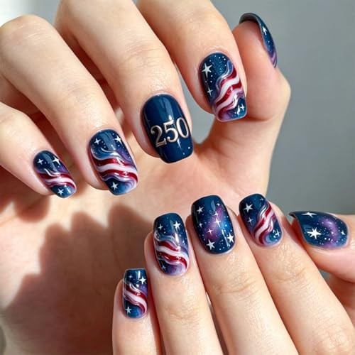 4th of July Press on Nails – Short Square Fake Nails with Starry Sky Nails – 231