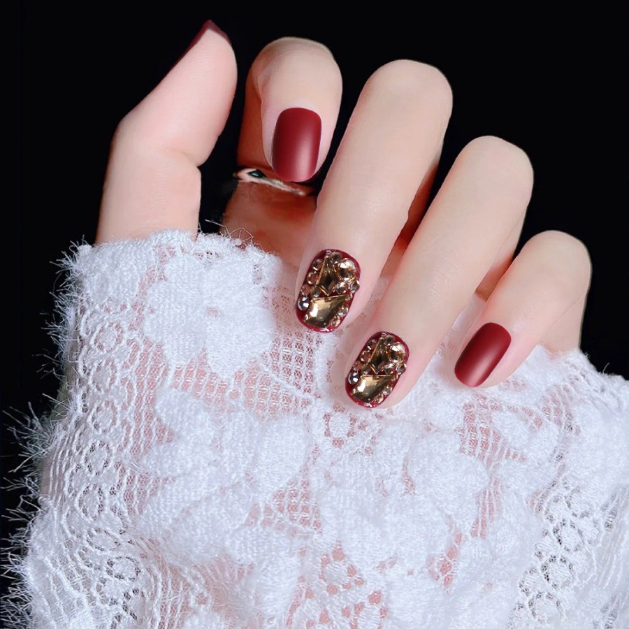 48pcs-Matte Red Press on Nail, Medium Square with Ornate Gold Rhinestone Details