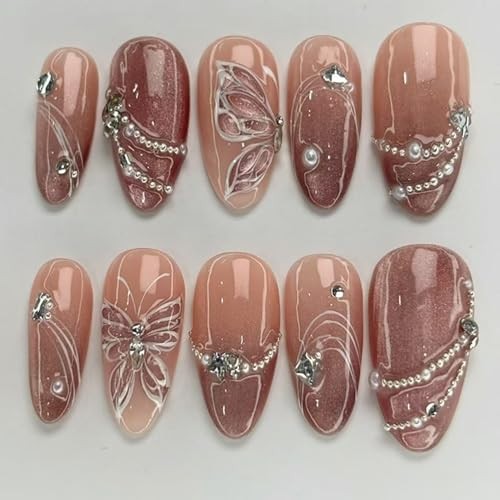 White Butterfly Press on Nails Medium Almond White Butterfly Rhinestone style 4