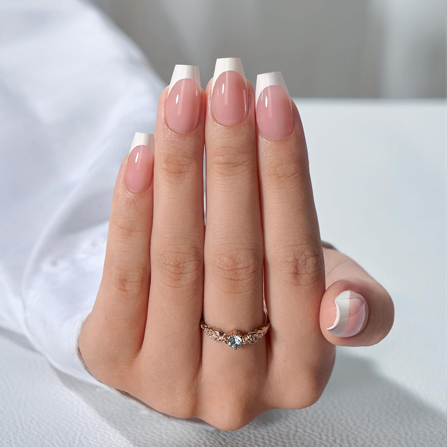 French Tip Press On Nails – Short Coffin Gel Kit, Salon Quality