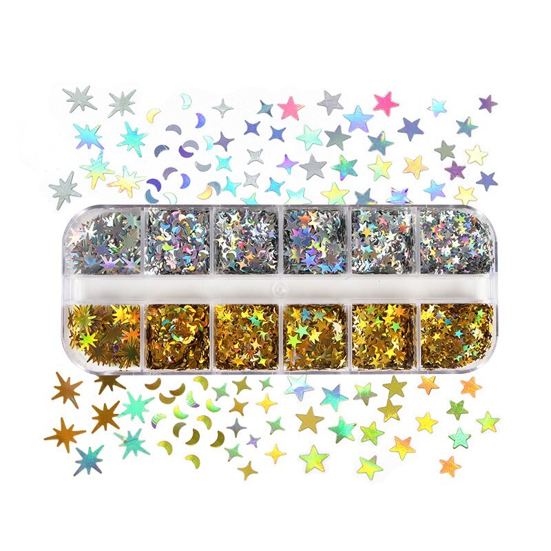 12 Grids Mix Nail Glitter Sequins Star Moon Shape Flakes Nail Art 3D Decoration