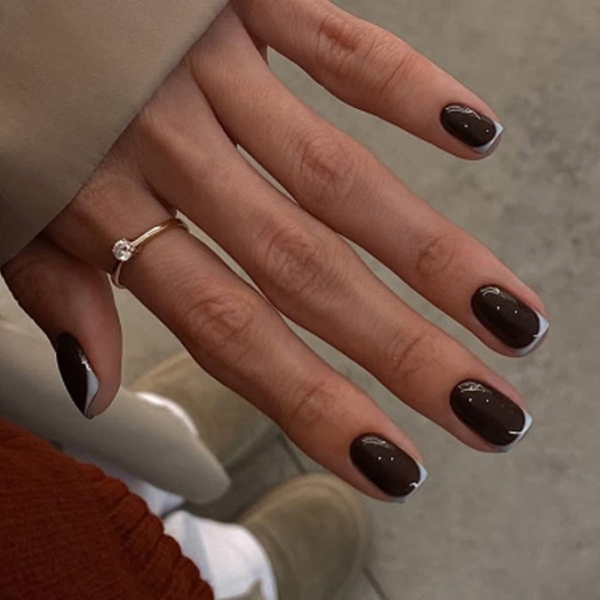 Dark Brown Press on Nails – Medium Square,Light Blue French Tip,Fall Vibes