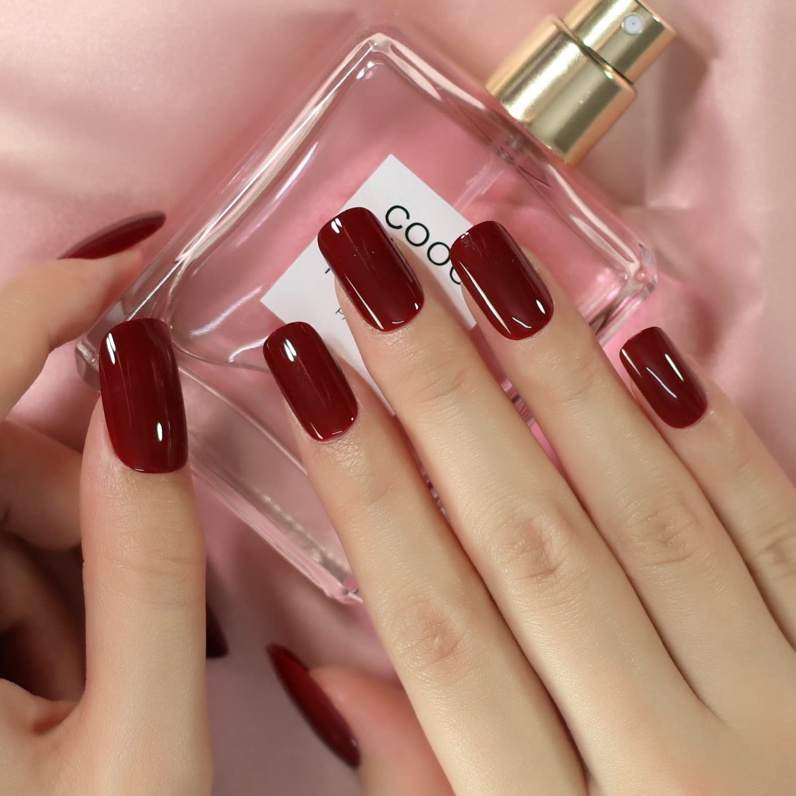 Glossy Dark Wine Red Press on Nails,Short Squoval False Nails,Beauty Solid Co…