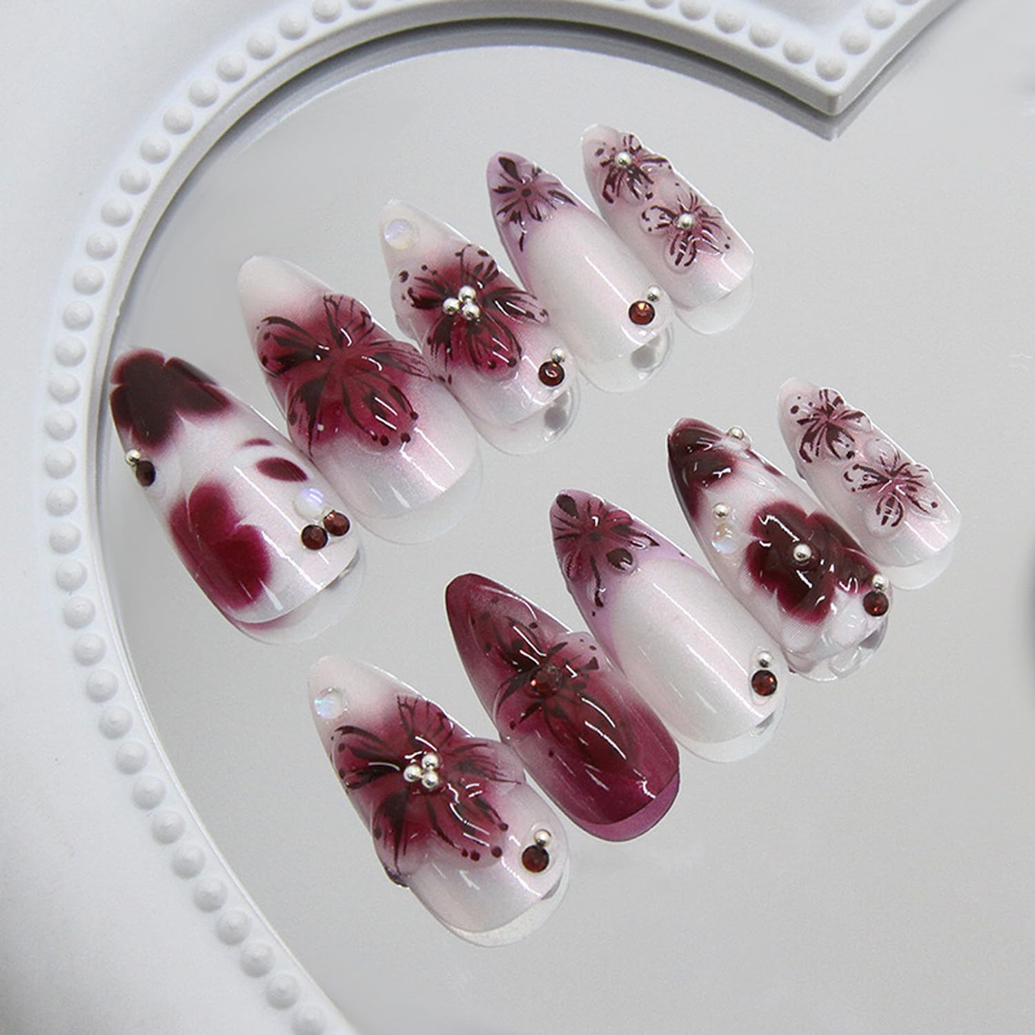 Purple Flowers Press on Nails Medium Length Almond Fake Nails 3D Cute Flower Fal