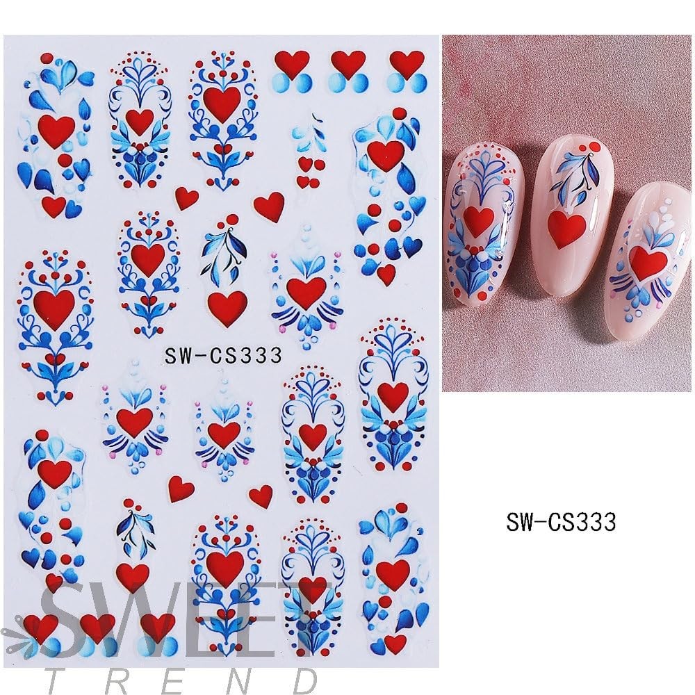 4 Sheets Valentine’s Day Nail Stickers Red Hearts Nail Decals Cute Yellow Lov…