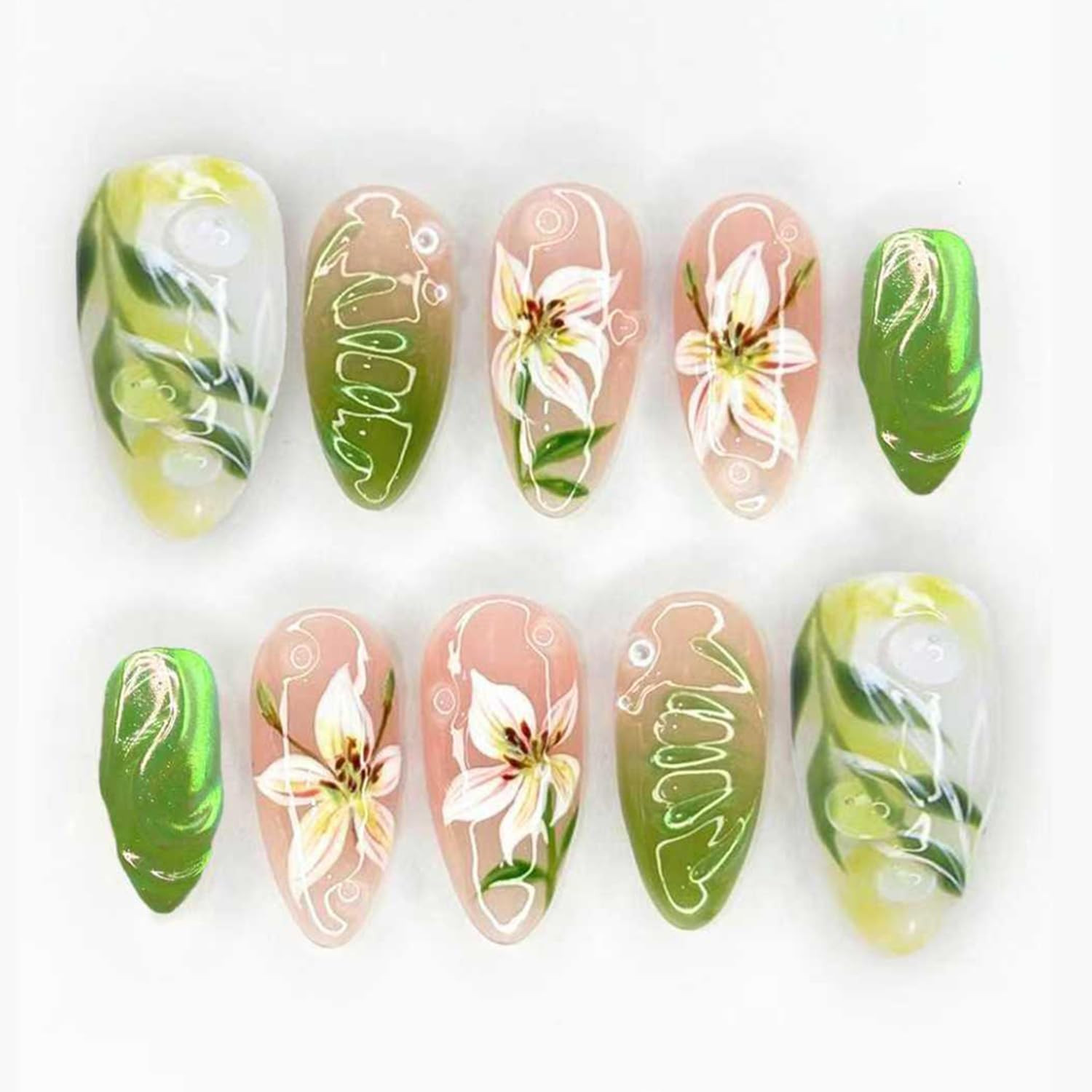 30Pcs Spring Summer Press on Nails Medium Almond Fake Nails with 3D Flower Leaf