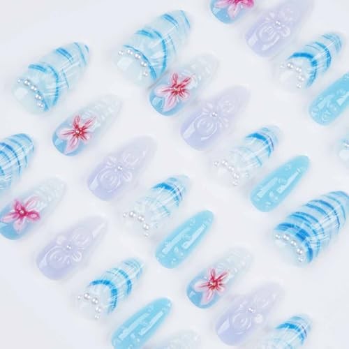 30Pcs Blue Summer Press on Nails Short Almond Fake Nails ocean fake nails-2