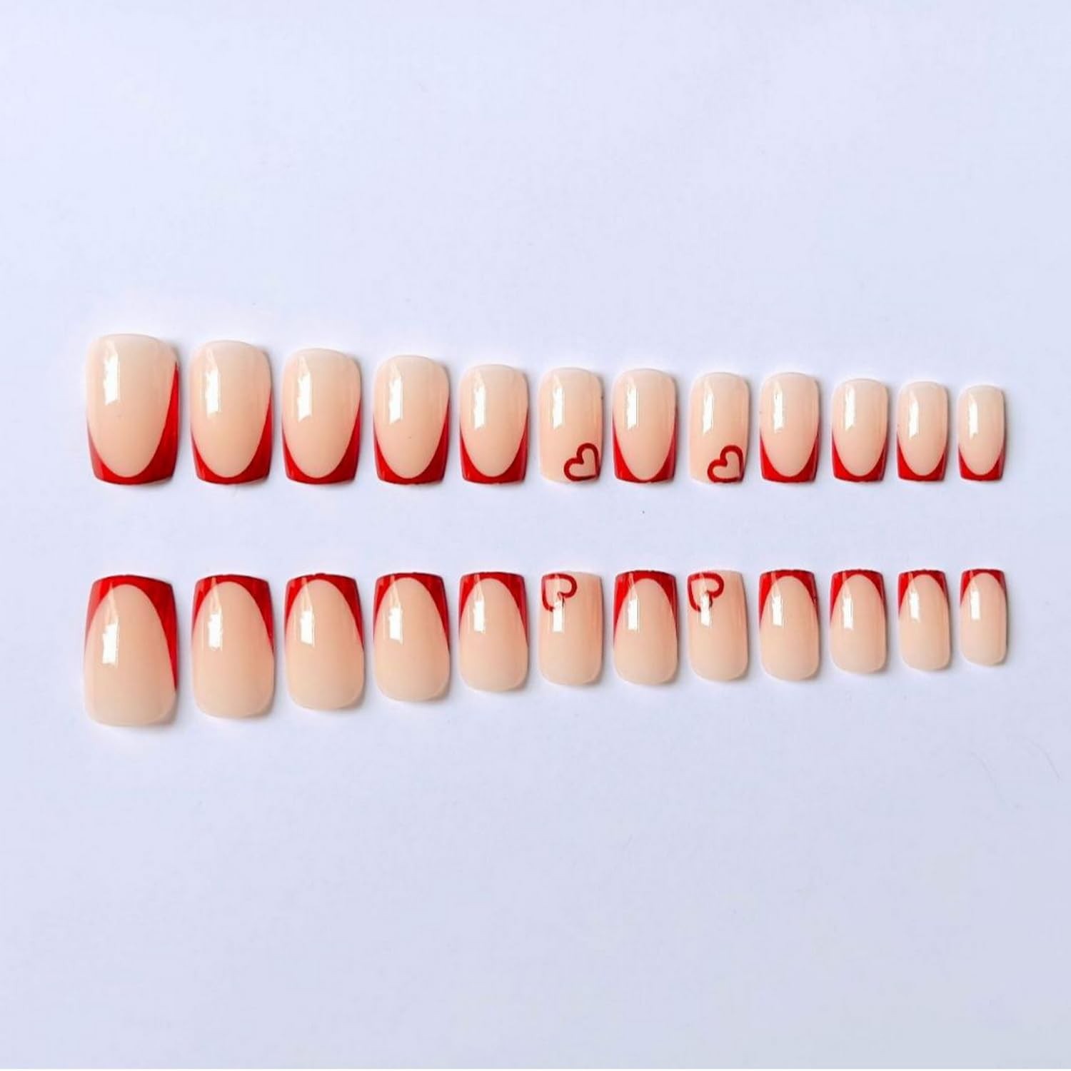 24Pcs Valentine’s Day French Tips Press on Nails – Short Square Fake Nails Wi…