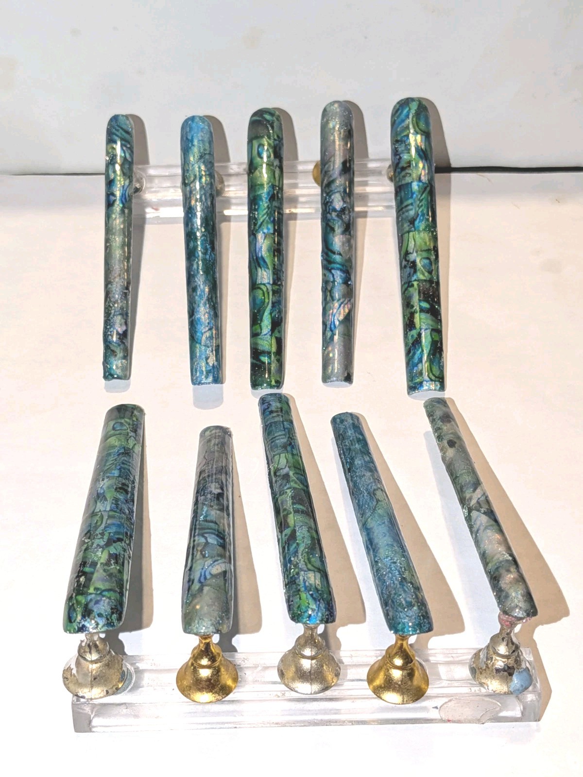 Hand Crafted 6Xl Acrylic Teal and Blue Marble Long Press-On Nails Sz Medium