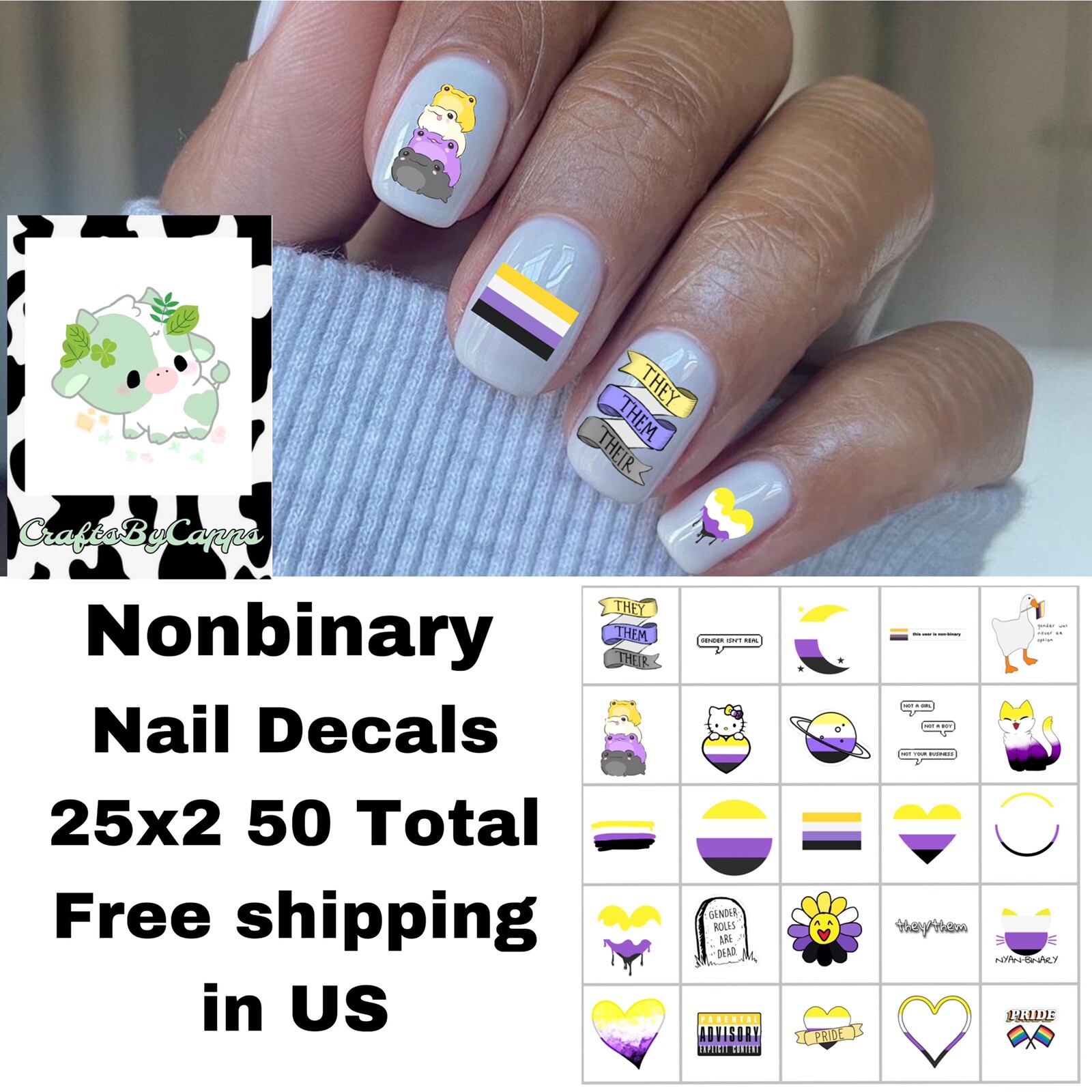 Non Binary Pride Nail Decals Set Of 50