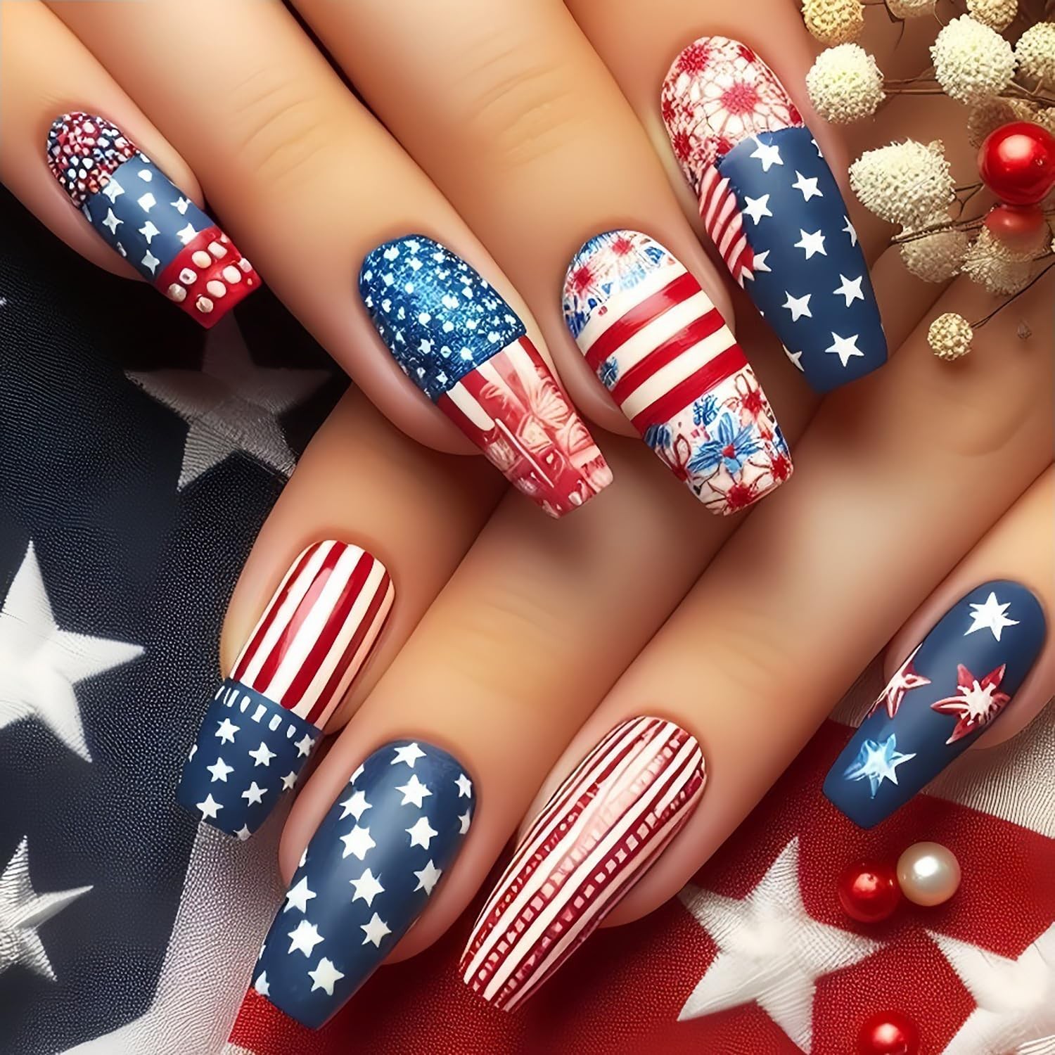 4th of July Independence Day Press on Nails Long Length Stars Patriotic False…