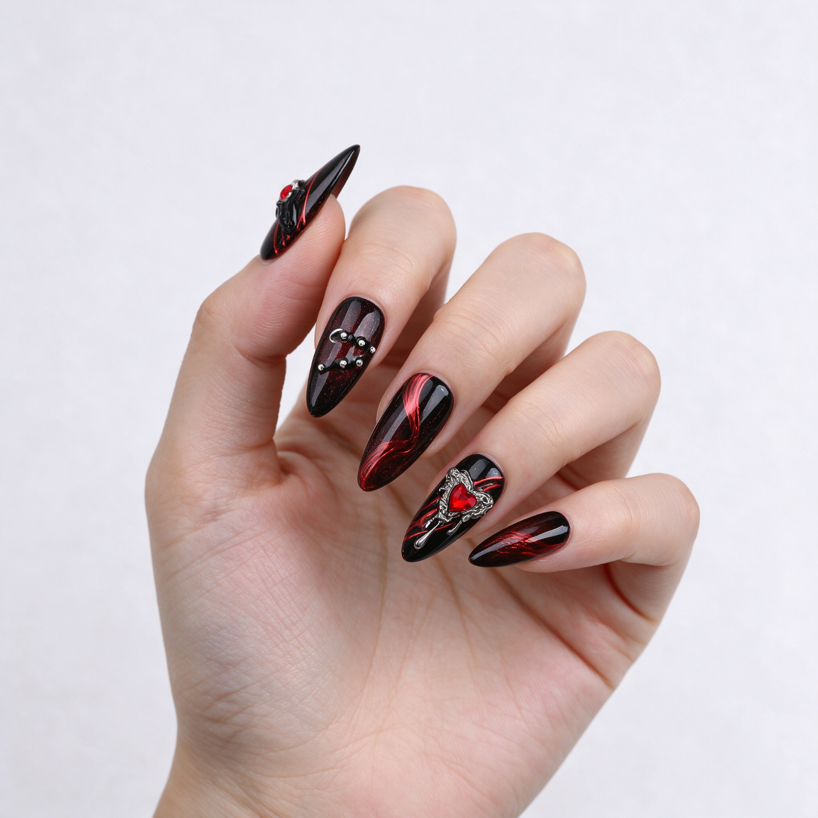 Press On Nails Medium Almond Black Red Cat Eye Rhinestone Gothic Halloween Nails