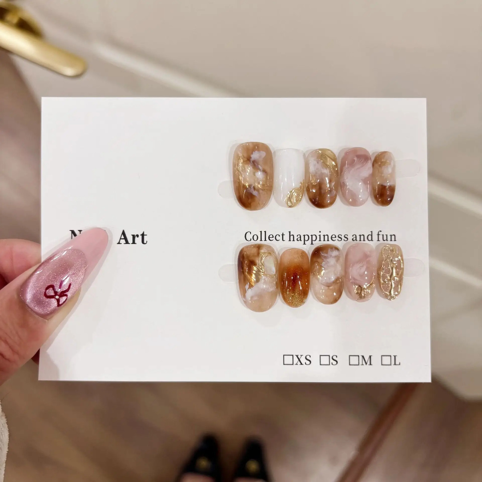 10pcs Amber Cat Eye Press on Nails Gold Foil Almond Smudge False Nails Handmade
