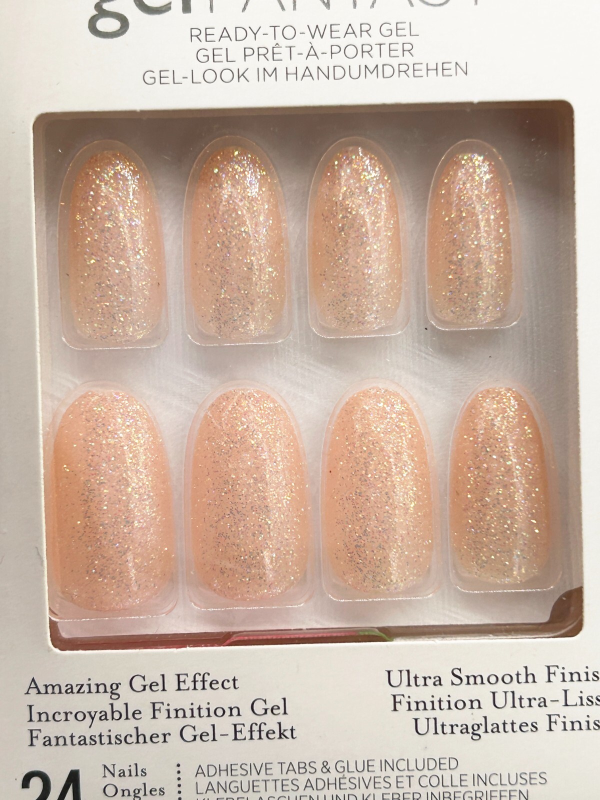 Kiss Glue-On Nails, Long-Length Peach Glitter Smooth Finish, Glue Included 63590