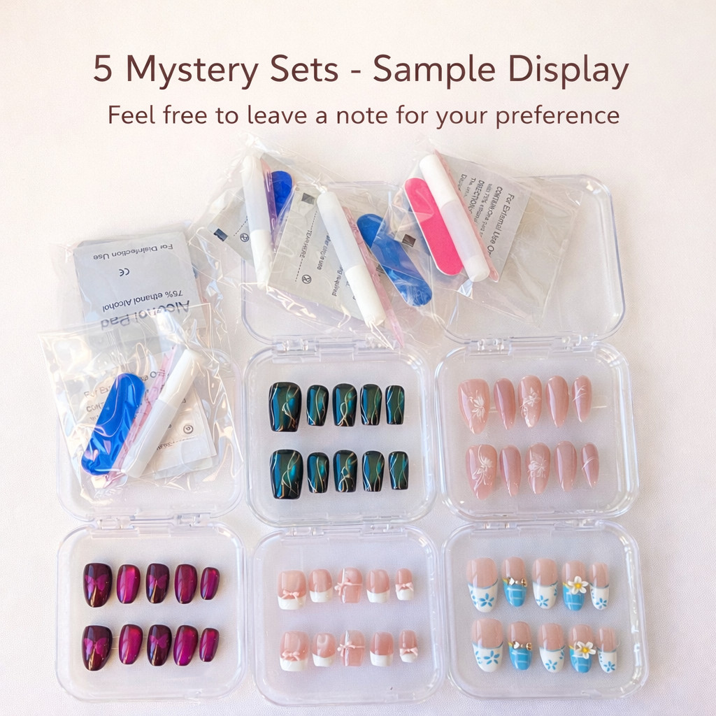 5 Sets Mystery Press-On Nails | Handmade Reusable Fake Nails |Random Styles Gift