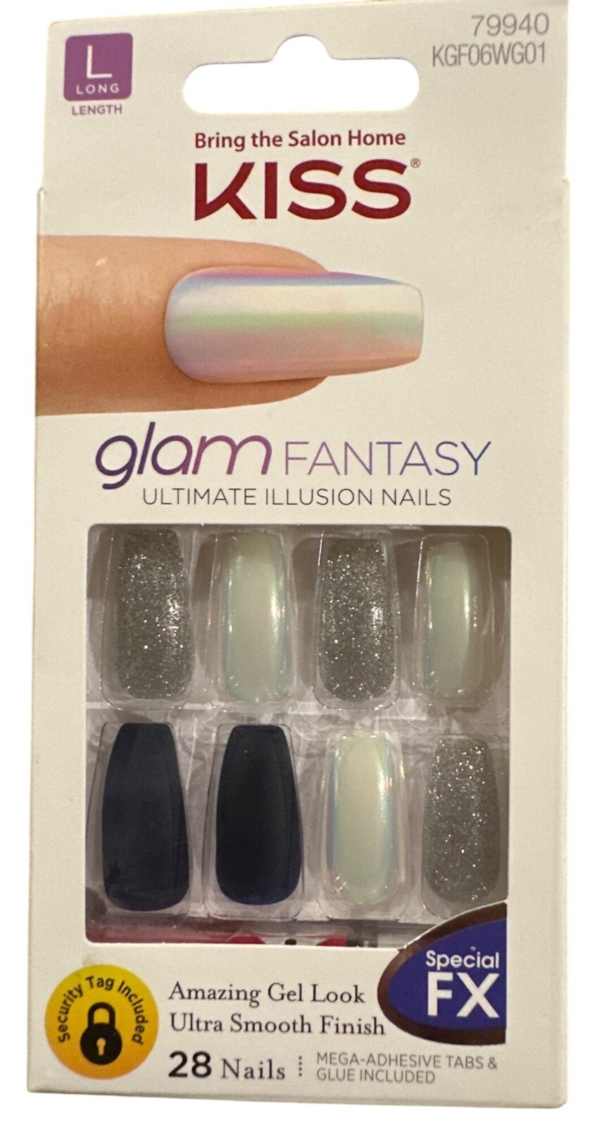 Kiss Glam Fantasy 28 Nail Long Coffin Shiny+Matte+Glitter Midnight Blue+Pearl FX
