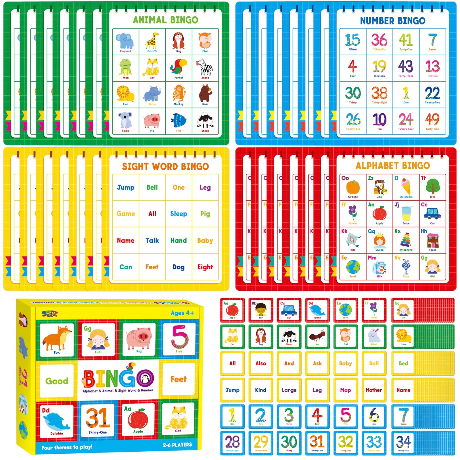 Family Bingo Game, Alphabet Animal Sight Word and Number Medium, Multicolored