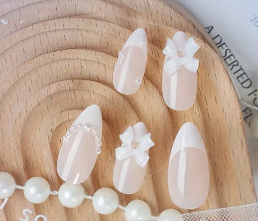 24 Pcs Press-On Nails Long Almond White French with Faux Pearls w/3D Bows