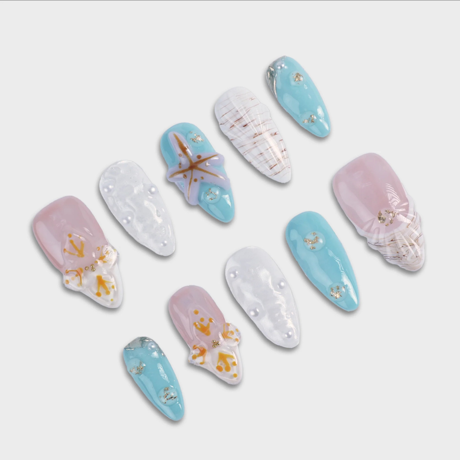 SIYOU Cabana Medium Almond Blue Pink Starfish Press-On Nails 10pc