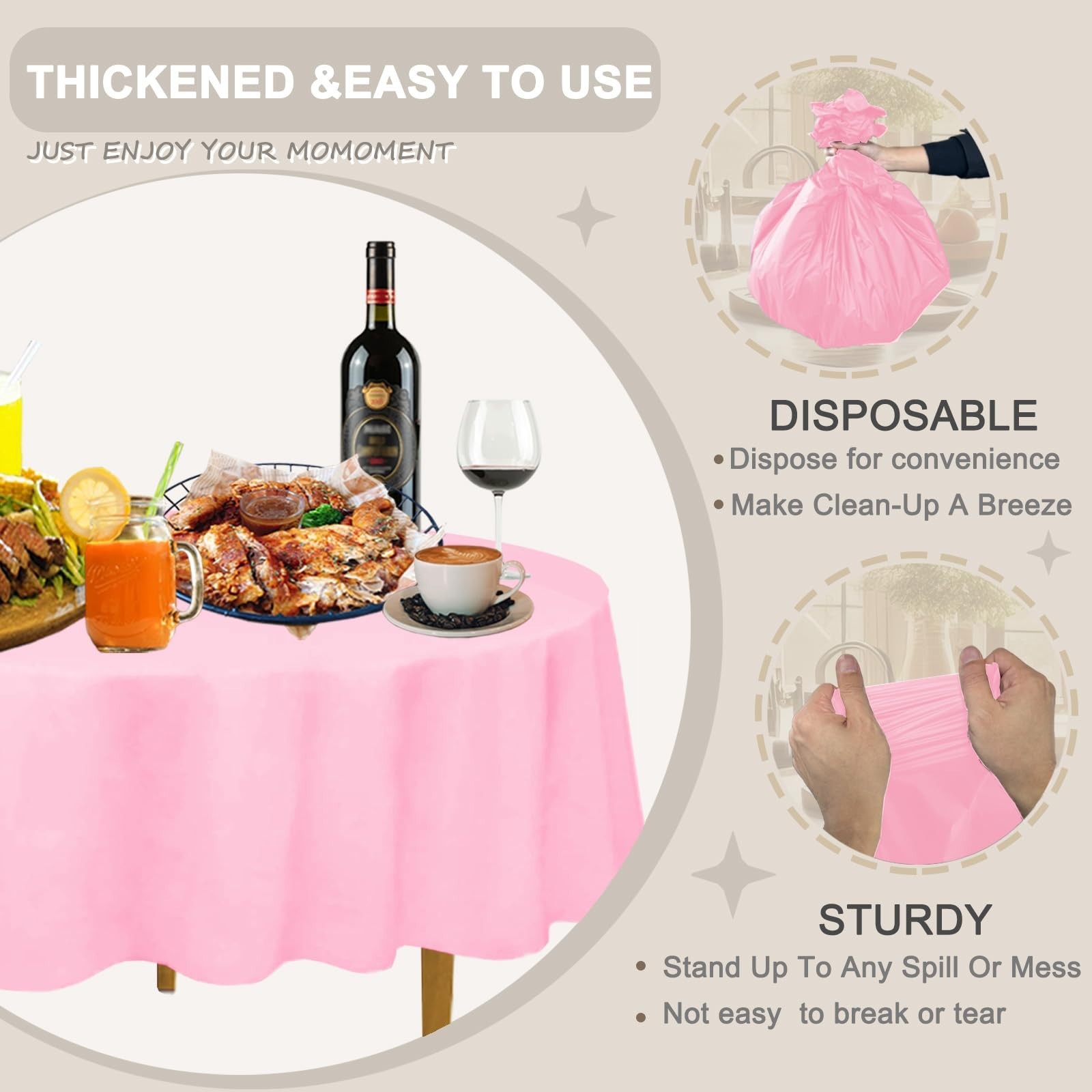 D&Z Plastic Table Cloth Disposable, 12 Pack Pink Round Tablecloth Individuall…