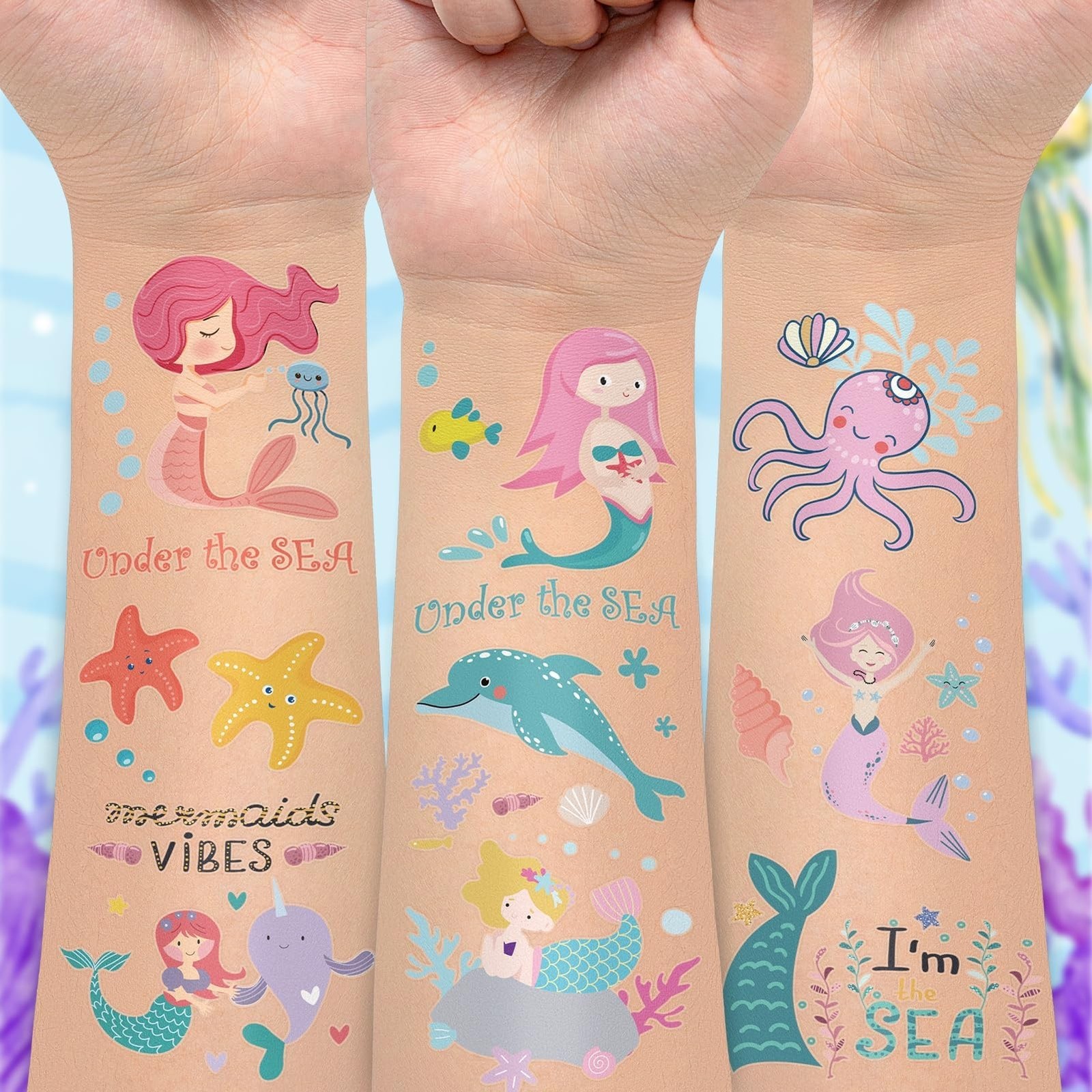 EMOME 50 Sheets Mermaid Tattoos for Kids Girls, Individually Wrapped Temporar…