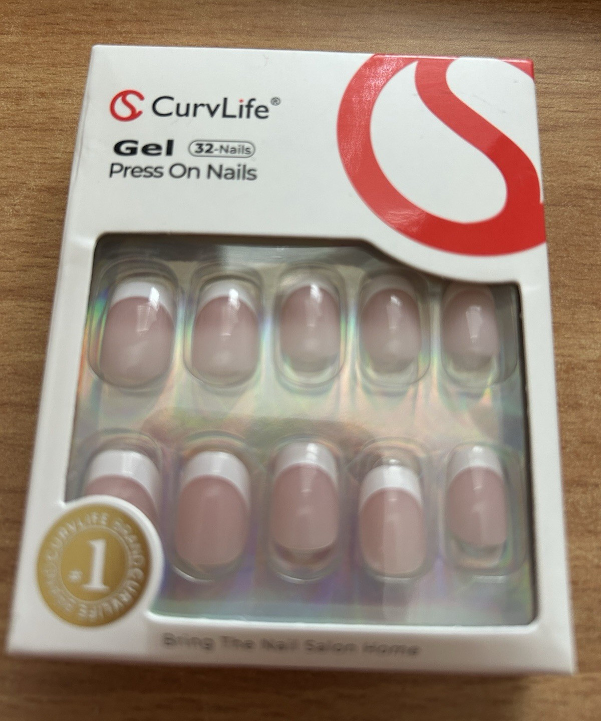 CurvLife Gel Press-On Nails French Pre-Designed Pink/White Medium Square 32