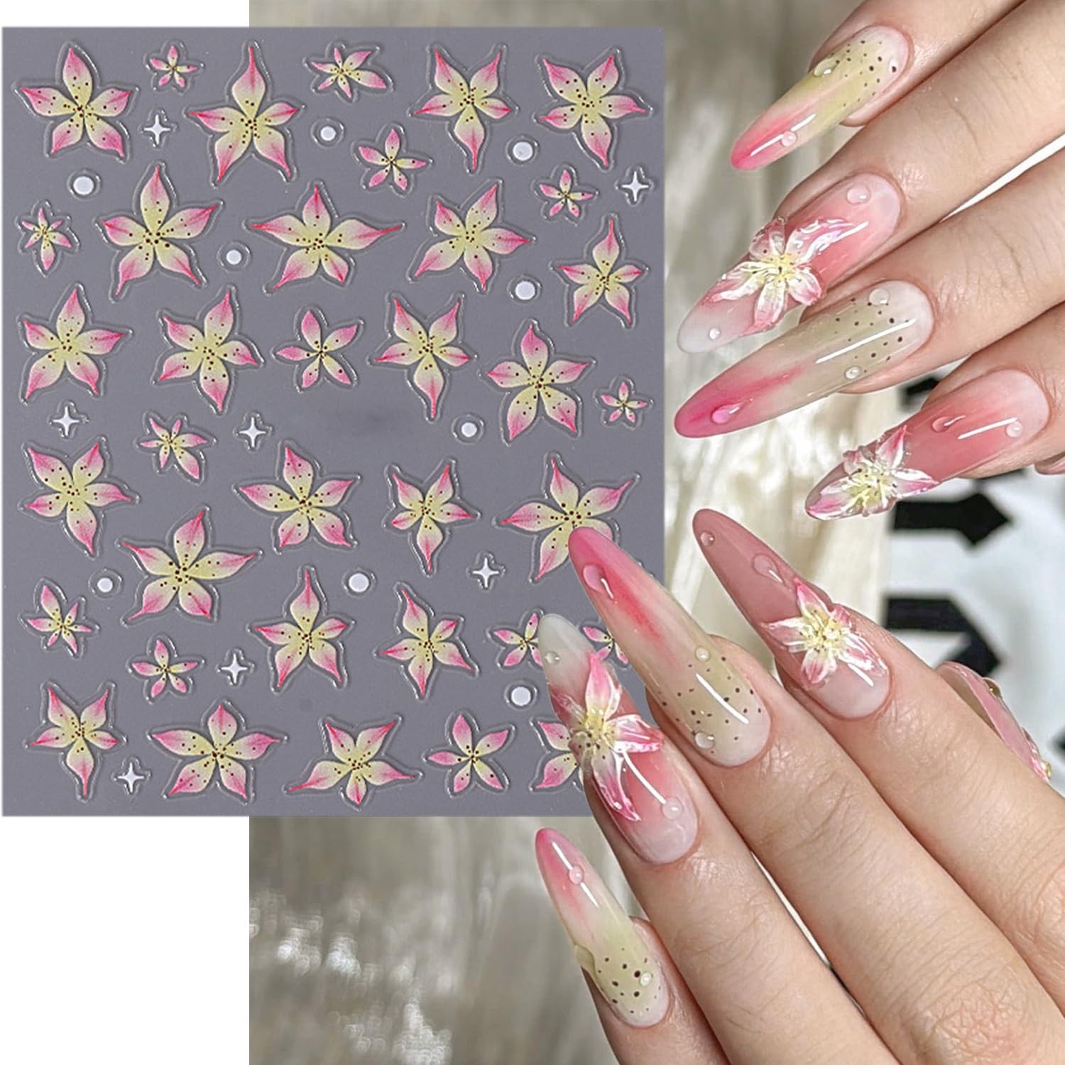 3 Sheets 5D Embossed Flower Nail Stickers Purple Sheet, Pink and Green