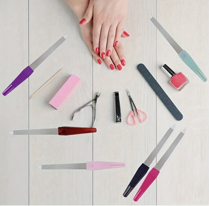 6pcs Double-Sided Stainless Steel Nail Files w/ Handle, 15cm, Random Color