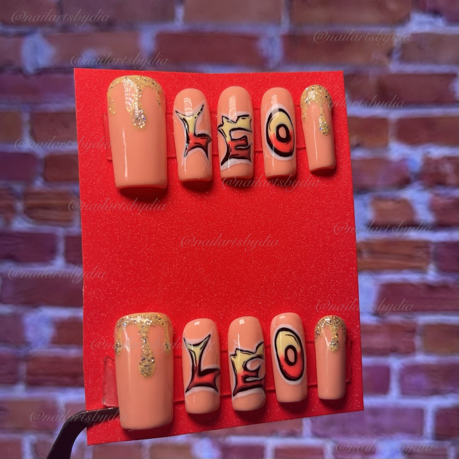 Nail Arts by Dia Long Square Press-On Nails Peach Gold Glitter Pre-Designed Set