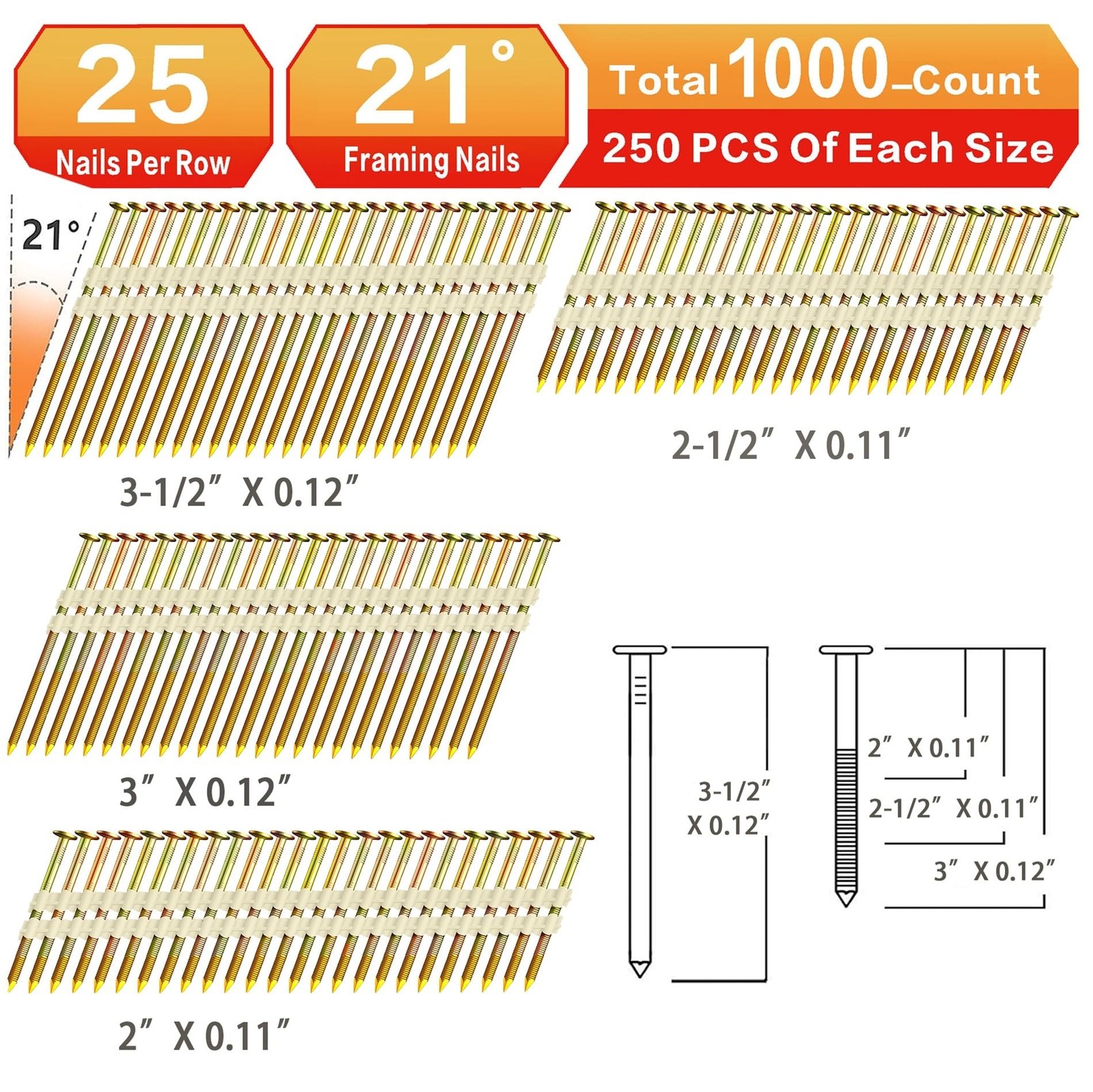Framing Nails,21°Round Head Nail Pack,Galvanized Nails,Ring Shank for 20 to