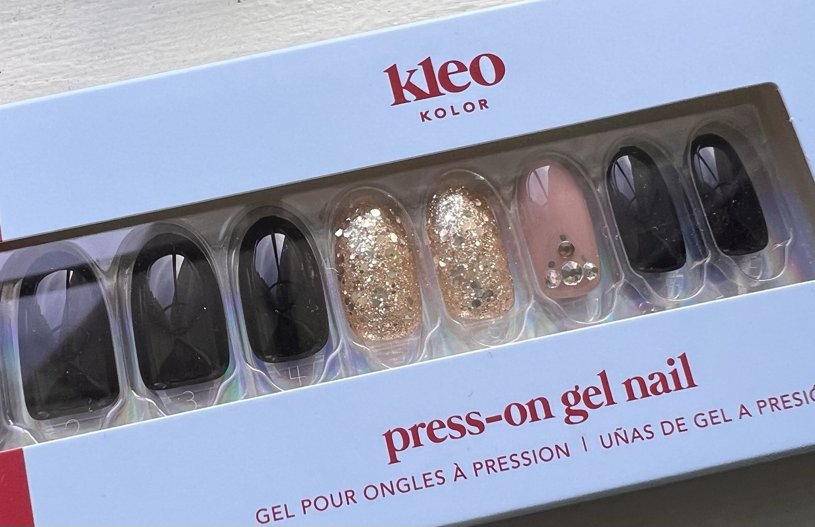New Kleo Kolor Press-On Gel Nails 30-Pack~Dazzling After Dark Long Round Shape