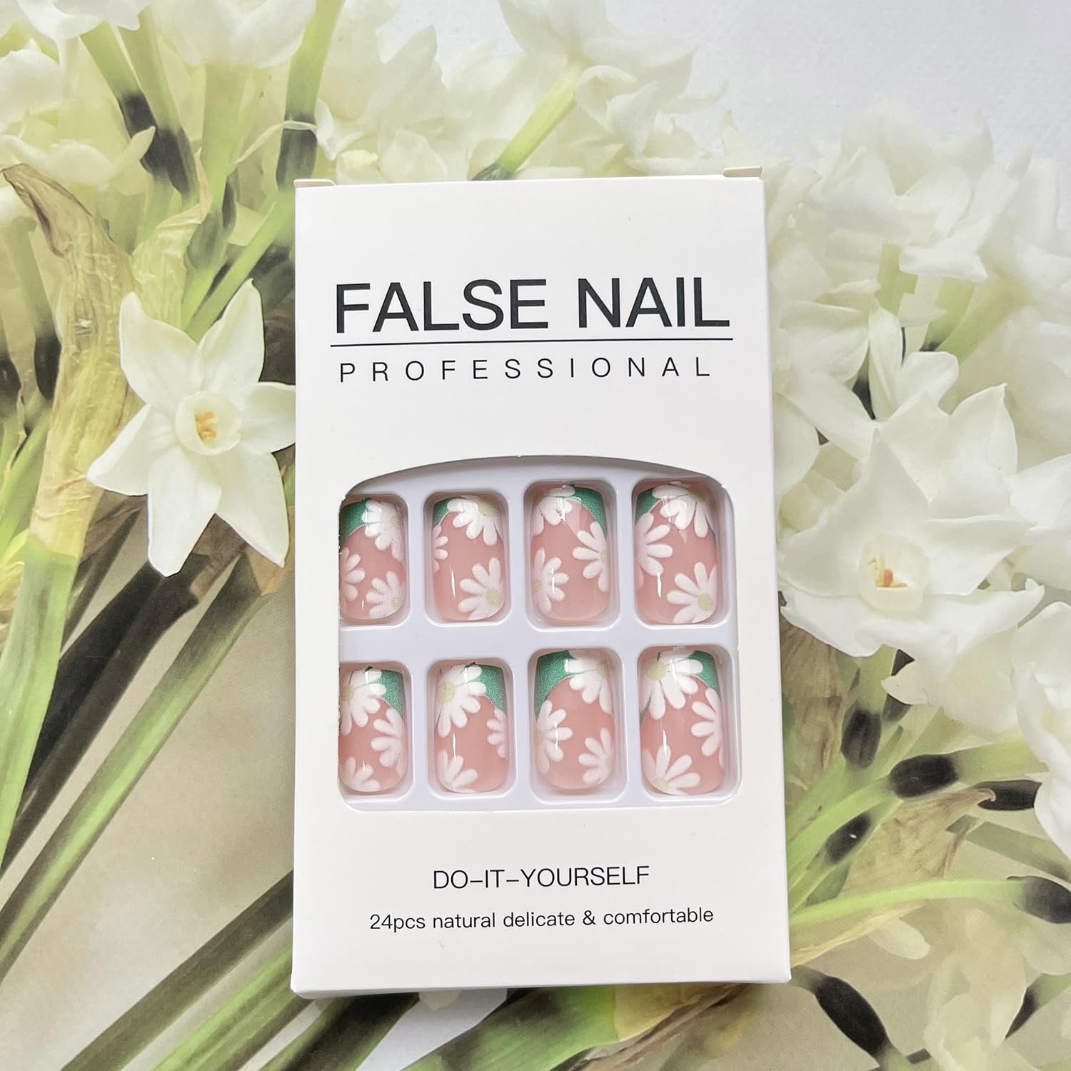 Flower Press on Nails French Tip Fake Nails with Designs Daisy Stick on Nails…