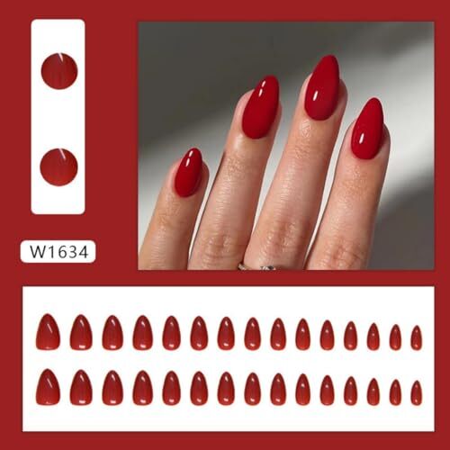 Red Press on Nails Christmas Medium Almond Fake 0.04 Fl Oz (Pack of 24) 0831-04