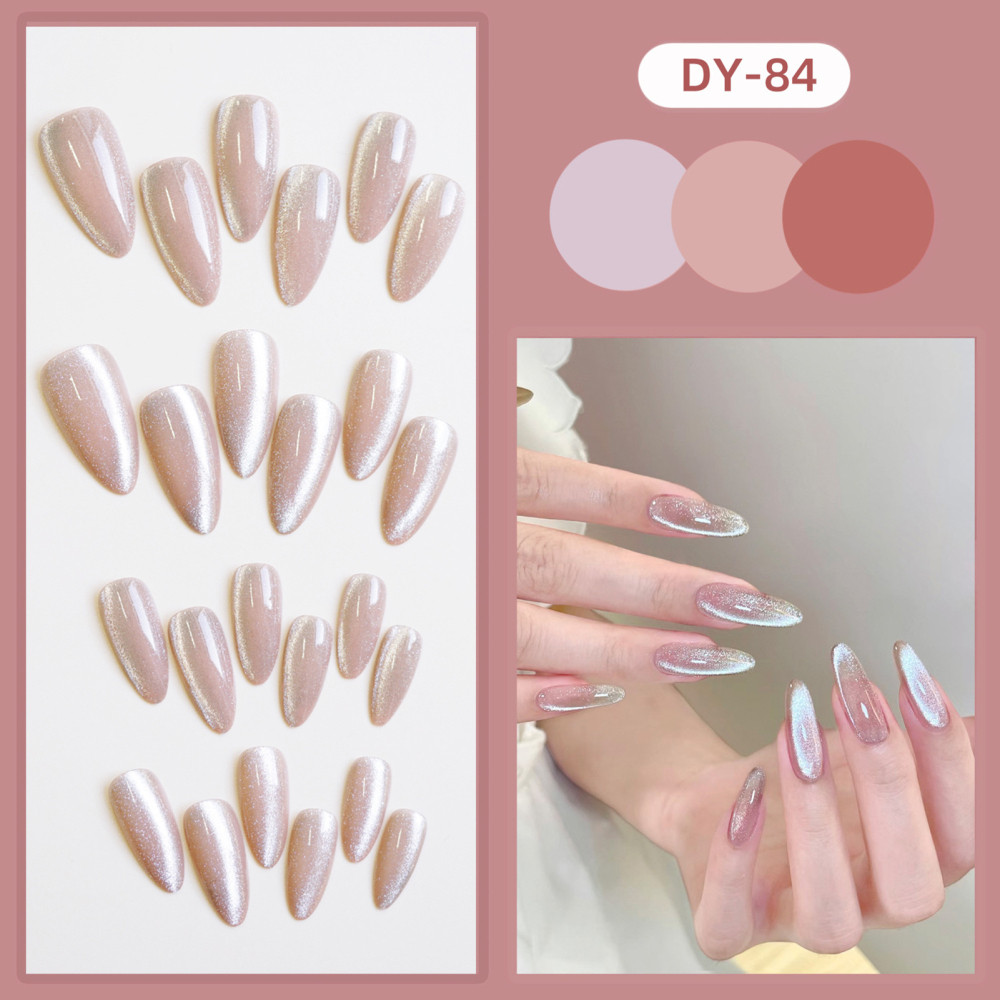 Pink Almond False Nail Glittering Cat Eye French Nail Tips Shimmer Fake Nail 24p