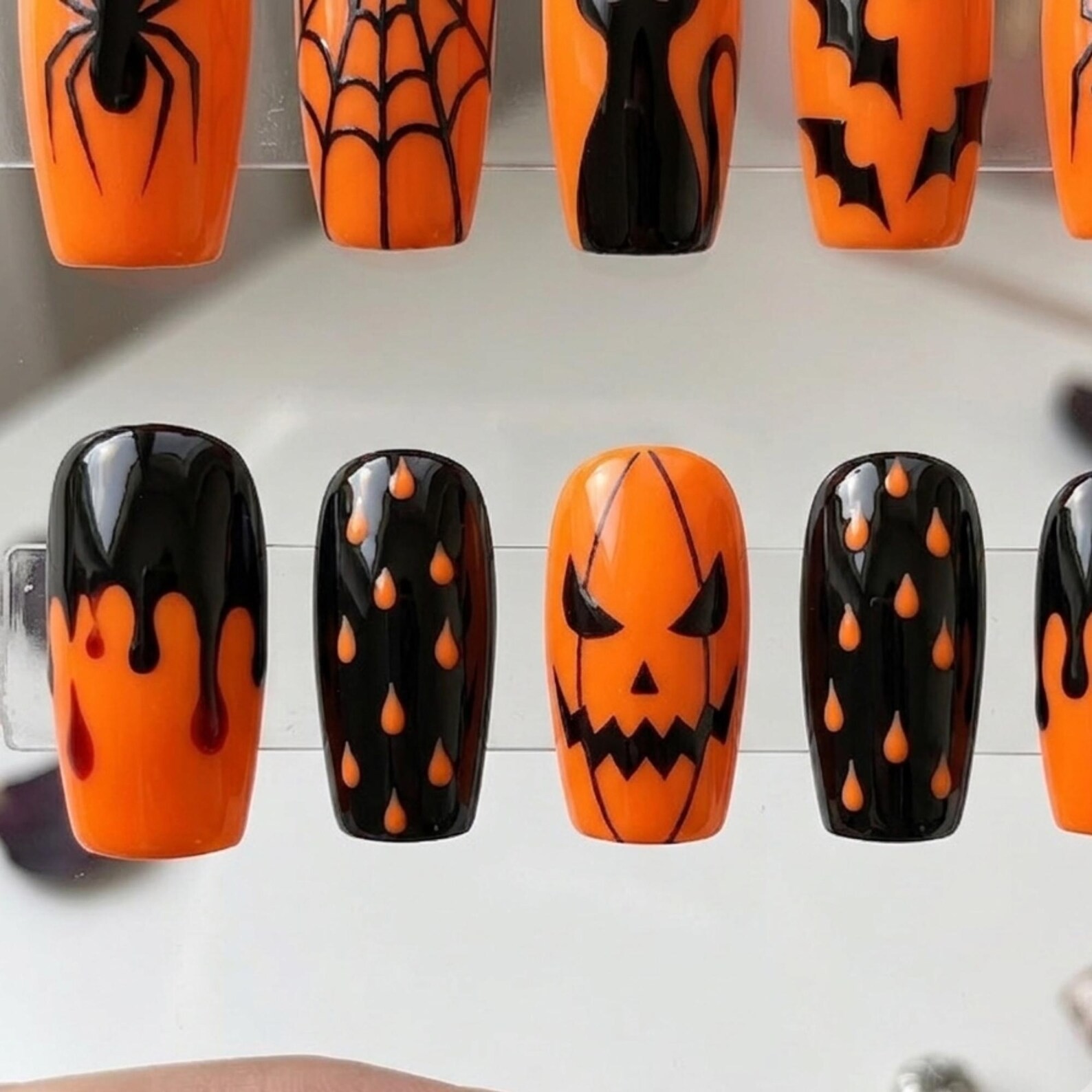 Custom Handmade Classic Orange Black Halloween Spider Square Press on Nails