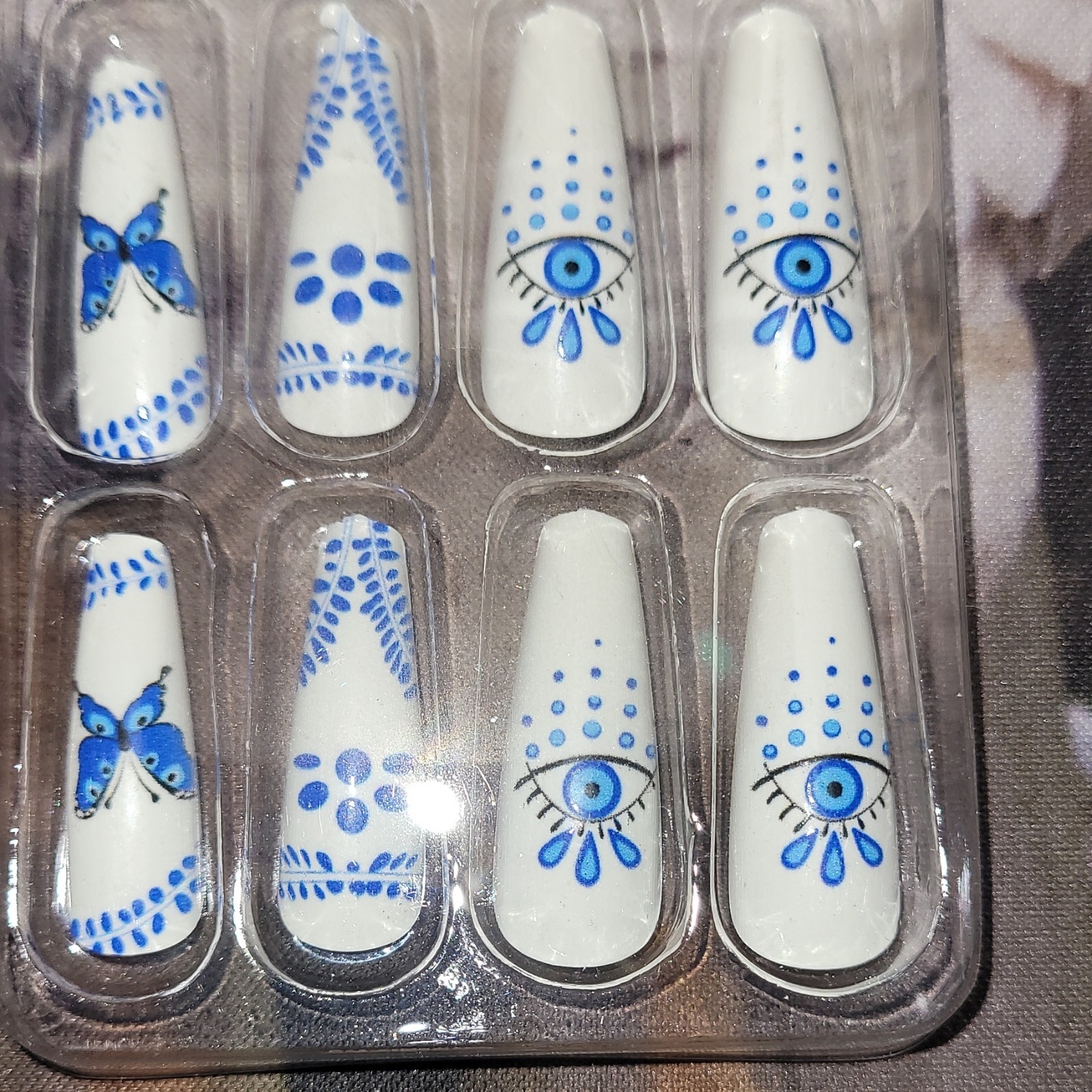 Beautiful Nail Long Coffin Nails White/Blue Butterfly Evil Eye Box